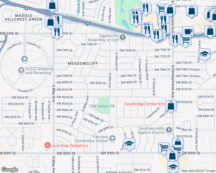map of restaurants, bars, coffee shops, grocery stores, and more near 2465 Southwest 81st Street in Oklahoma City