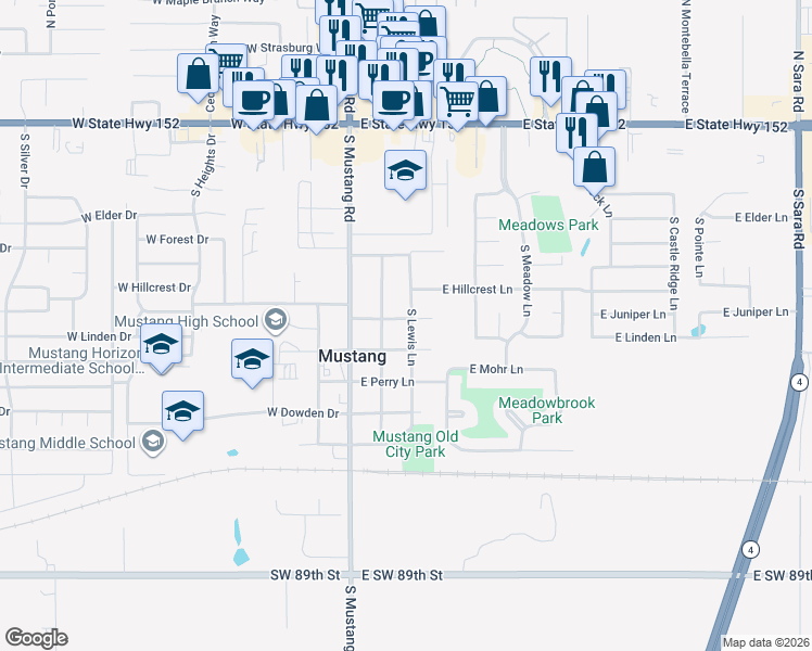 map of restaurants, bars, coffee shops, grocery stores, and more near 711 South Lewis Lane in Mustang