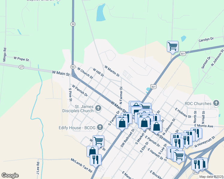 map of restaurants, bars, coffee shops, grocery stores, and more near 310 West Church Street in Benson