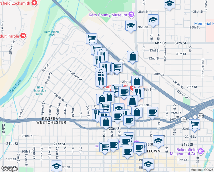 map of restaurants, bars, coffee shops, grocery stores, and more near 2808 F Street in Bakersfield