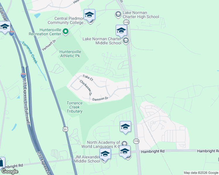 map of restaurants, bars, coffee shops, grocery stores, and more near 13642 Toka Court in Huntersville