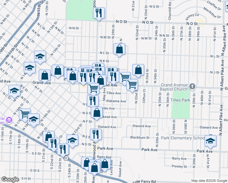 map of restaurants, bars, coffee shops, grocery stores, and more near 2820 Tilles Avenue in Fort Smith