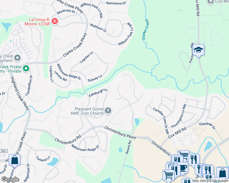 map of restaurants, bars, coffee shops, grocery stores, and more near 2493 Christenbury Hall Court Northwest in Concord