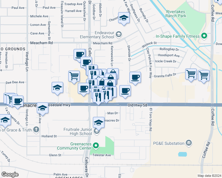 map of restaurants, bars, coffee shops, grocery stores, and more near 9370 Rosedale Highway in Bakersfield