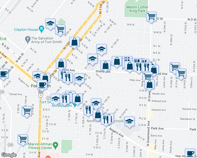 map of restaurants, bars, coffee shops, grocery stores, and more near 520 North 16th Street in Fort Smith