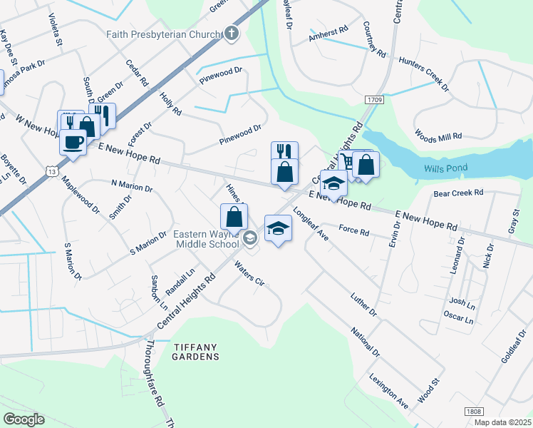 map of restaurants, bars, coffee shops, grocery stores, and more near 3605 Central Heights Road in Goldsboro