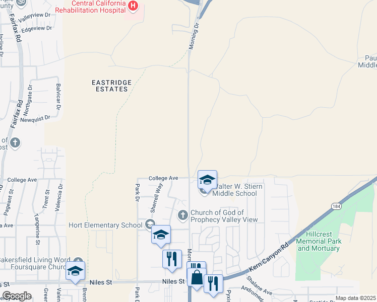 map of restaurants, bars, coffee shops, grocery stores, and more near 2526 Morning Drive in Bakersfield