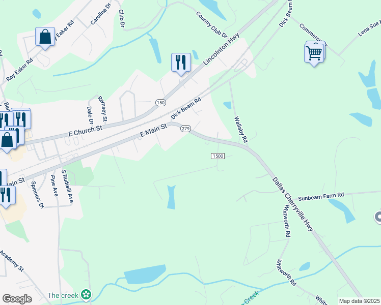 map of restaurants, bars, coffee shops, grocery stores, and more near 7615 Dallas Cherryville Highway in Cherryville