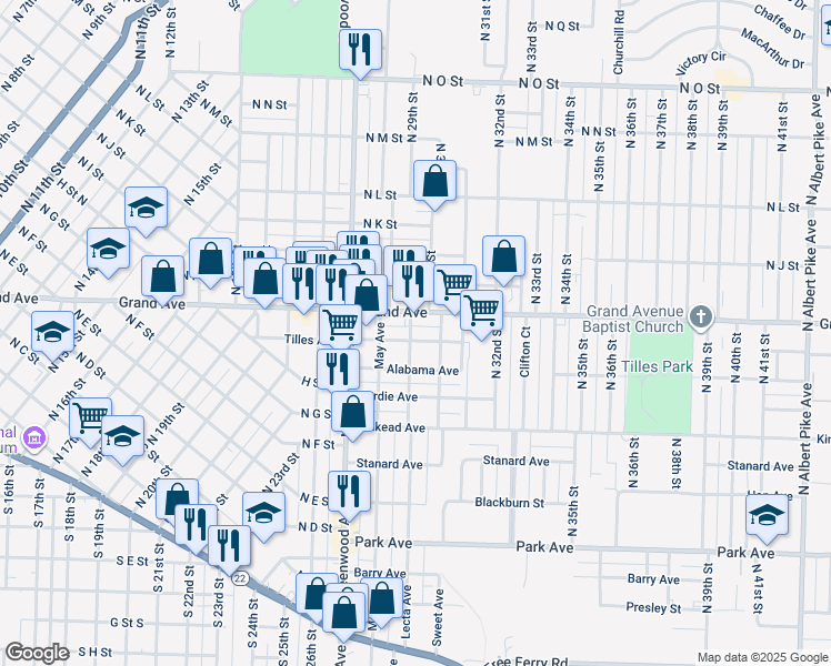 map of restaurants, bars, coffee shops, grocery stores, and more near 2901 Tilles Avenue in Fort Smith