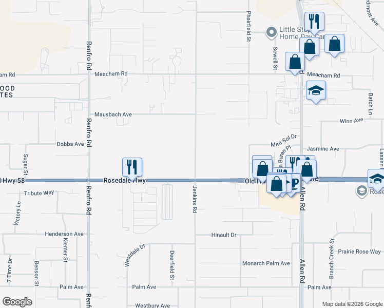 map of restaurants, bars, coffee shops, grocery stores, and more near 2761 Jenkins Road in Bakersfield