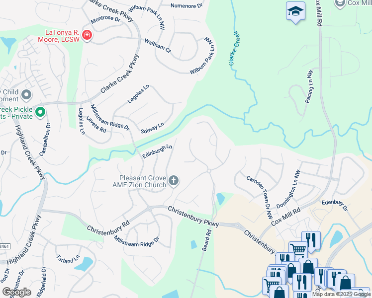 map of restaurants, bars, coffee shops, grocery stores, and more near 2493 Christenbury Hall Court Northwest in Concord