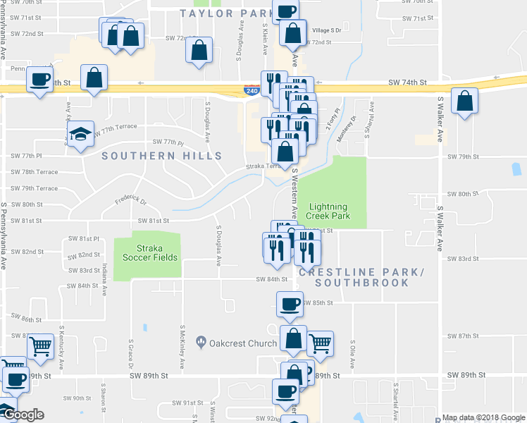 map of restaurants, bars, coffee shops, grocery stores, and more near 8230 South Klein Avenue in Oklahoma City