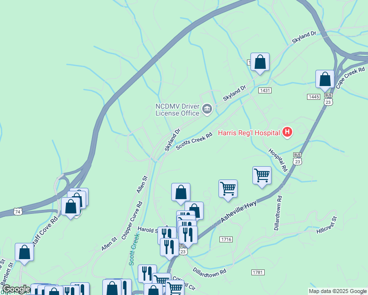 map of restaurants, bars, coffee shops, grocery stores, and more near 38-44 Scotts Creek Road in Sylva