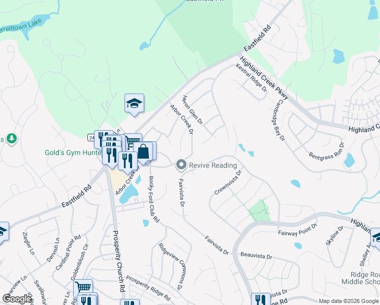 map of restaurants, bars, coffee shops, grocery stores, and more near 9030 Arbor Creek Drive in Charlotte