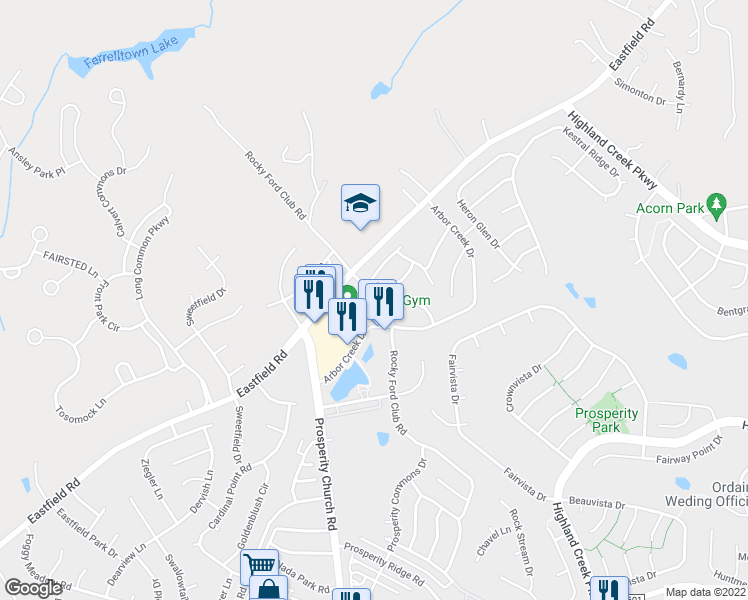 map of restaurants, bars, coffee shops, grocery stores, and more near 10461 Rocky Ford Club Road in Charlotte