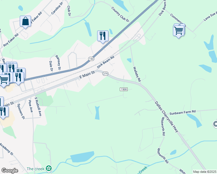 map of restaurants, bars, coffee shops, grocery stores, and more near 7615 Dallas Cherryville Highway in Cherryville