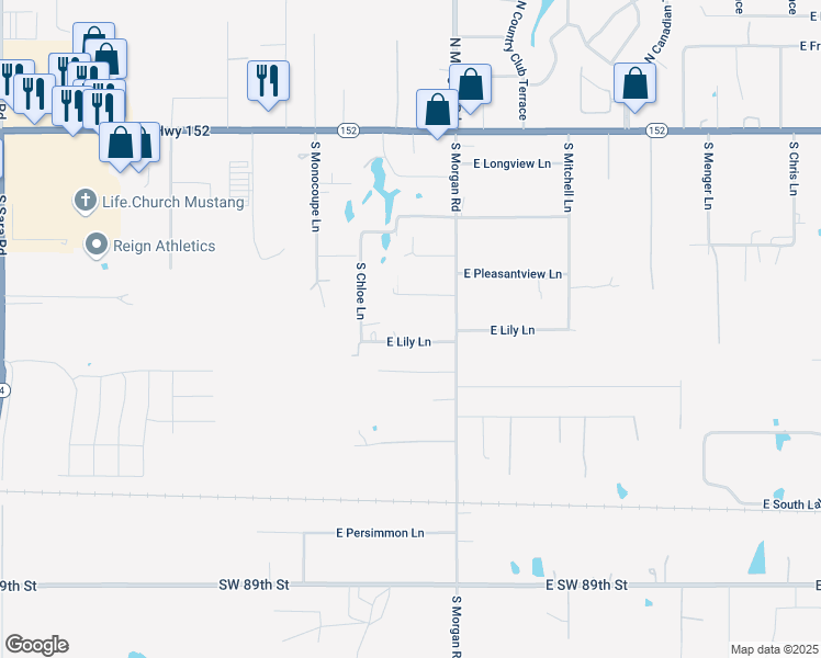 map of restaurants, bars, coffee shops, grocery stores, and more near 1615 East Lily Lane in Mustang