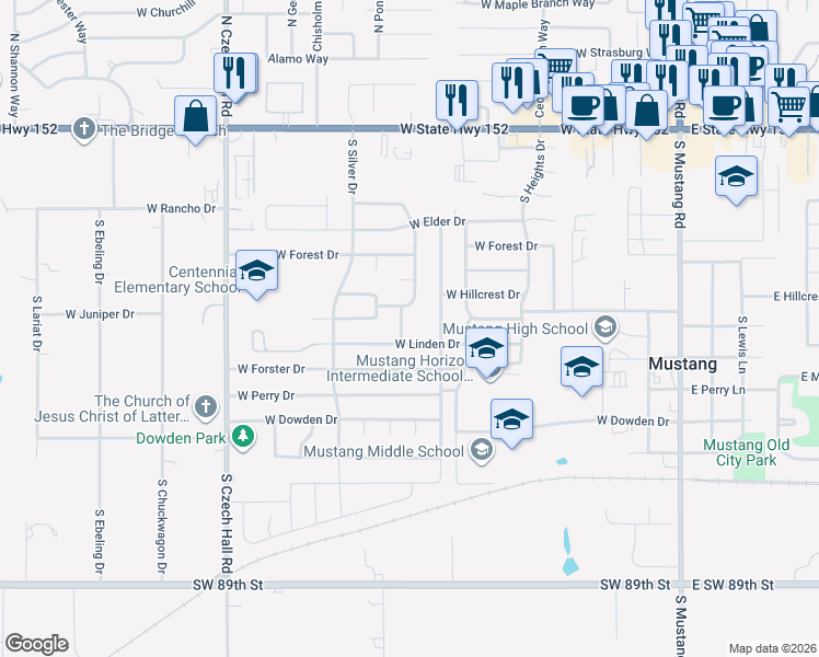 map of restaurants, bars, coffee shops, grocery stores, and more near 735 South Shepherd Drive in Mustang