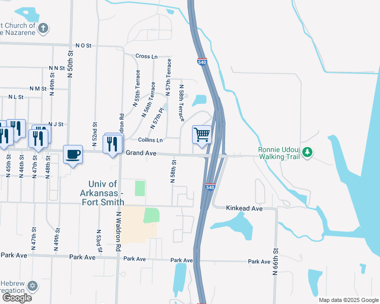 map of restaurants, bars, coffee shops, grocery stores, and more near 1001 North 59th Terrace in Fort Smith