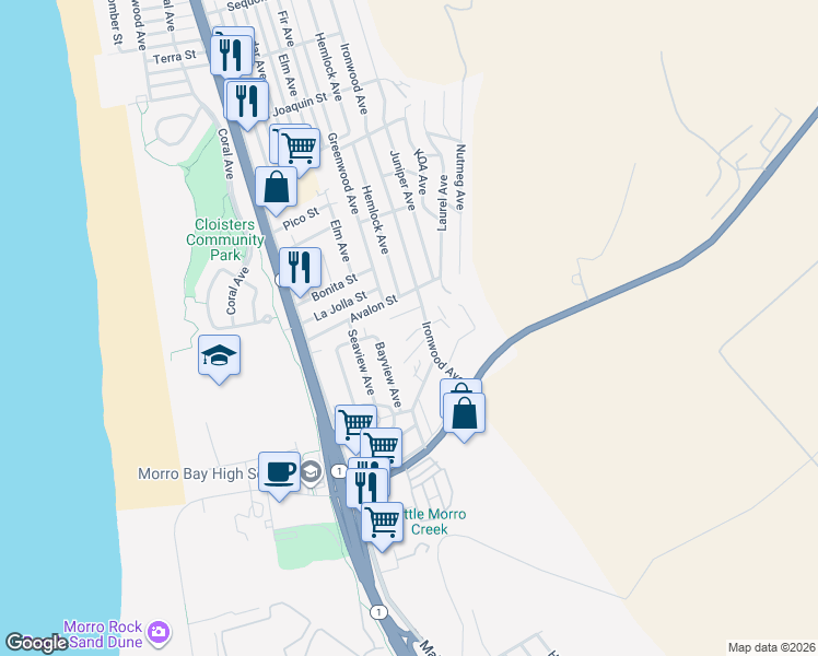 map of restaurants, bars, coffee shops, grocery stores, and more near 606 Ironwood Court in Morro Bay