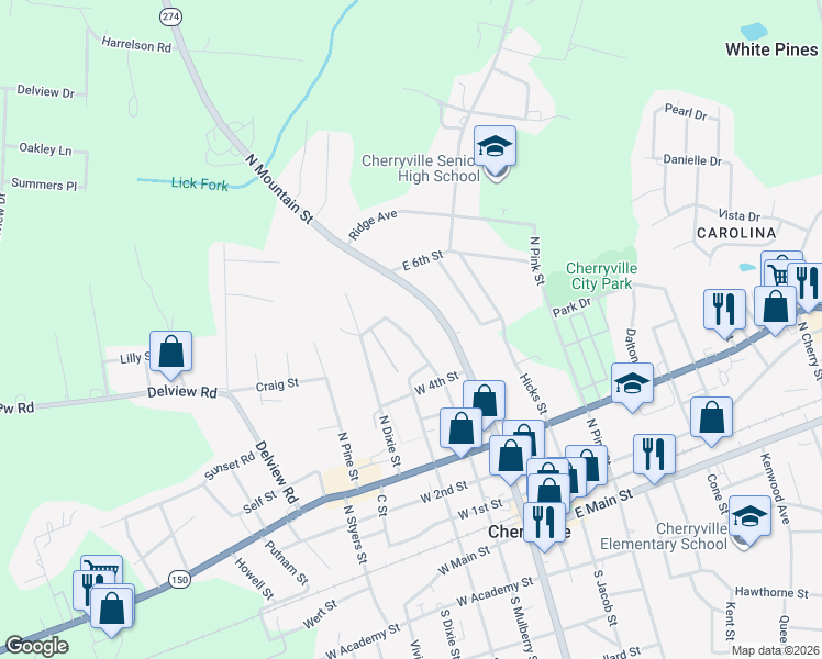 map of restaurants, bars, coffee shops, grocery stores, and more near 511 North Mulberry Street in Cherryville