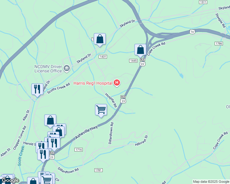 map of restaurants, bars, coffee shops, grocery stores, and more near in Sylva