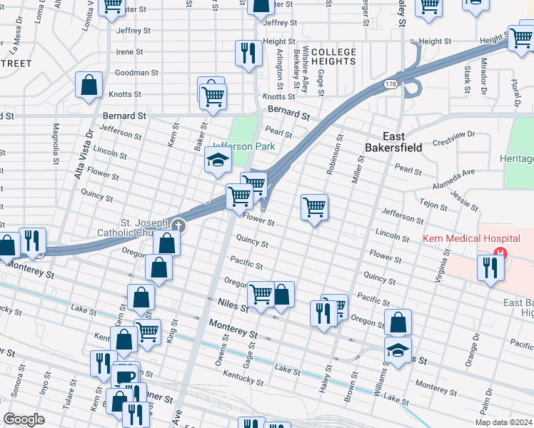 map of restaurants, bars, coffee shops, grocery stores, and more near 1011 Flower Street in Bakersfield