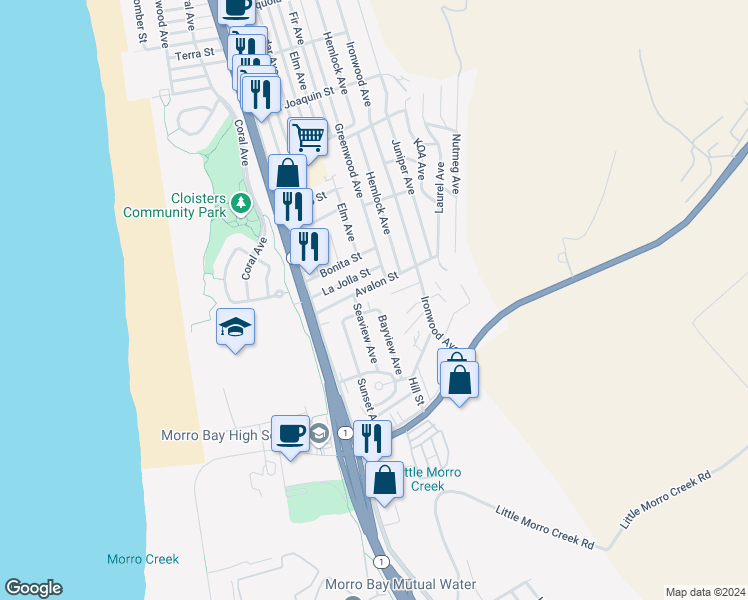 map of restaurants, bars, coffee shops, grocery stores, and more near 2170 Seaview Avenue in Morro Bay