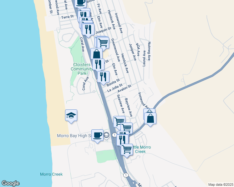 map of restaurants, bars, coffee shops, grocery stores, and more near 2170 Seaview Avenue in Morro Bay