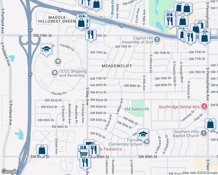 map of restaurants, bars, coffee shops, grocery stores, and more near 2803 Southwest 81st Street in Oklahoma City