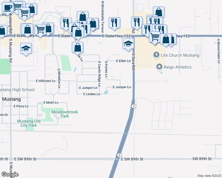 map of restaurants, bars, coffee shops, grocery stores, and more near 716 East Juniper Lane in Mustang
