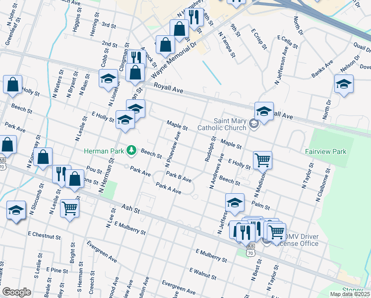 map of restaurants, bars, coffee shops, grocery stores, and more near 1210 East Holly Street in Goldsboro