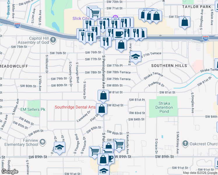 map of restaurants, bars, coffee shops, grocery stores, and more near 1613 Southwest 81st Street in Oklahoma City