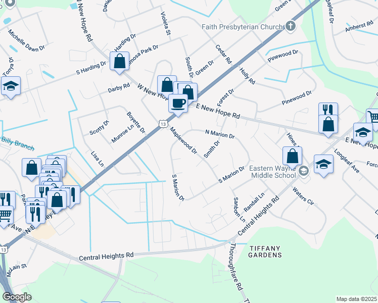 map of restaurants, bars, coffee shops, grocery stores, and more near 207 Maplewood Drive in Goldsboro