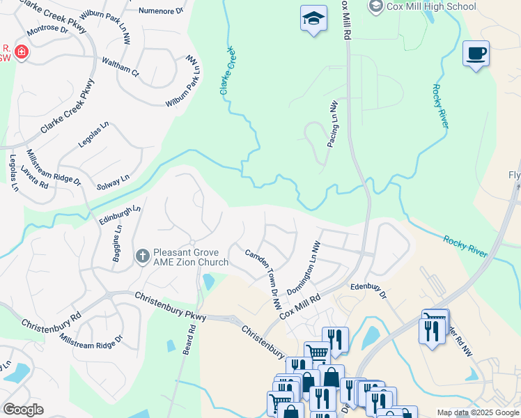 map of restaurants, bars, coffee shops, grocery stores, and more near 2409 Maple Grove Lane Northwest in Concord