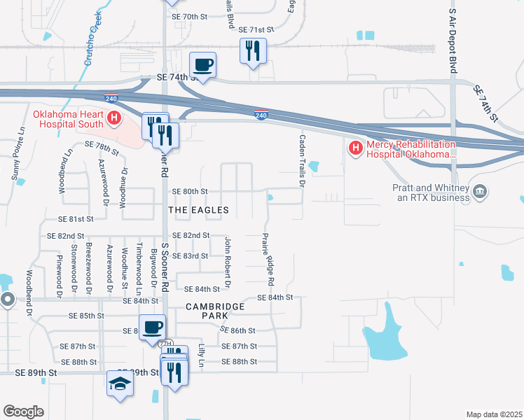 map of restaurants, bars, coffee shops, grocery stores, and more near 8117 Prairie Ridge Road in Oklahoma City