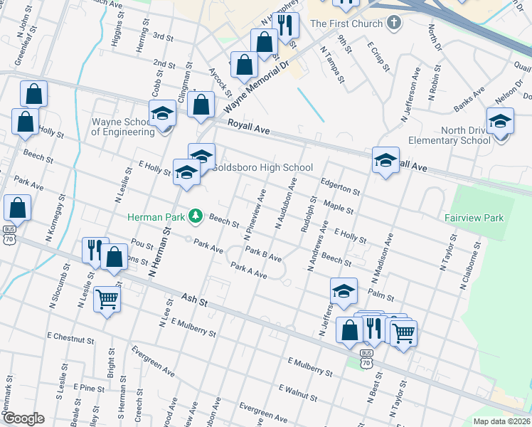 map of restaurants, bars, coffee shops, grocery stores, and more near 1206 East Holly Street in Goldsboro
