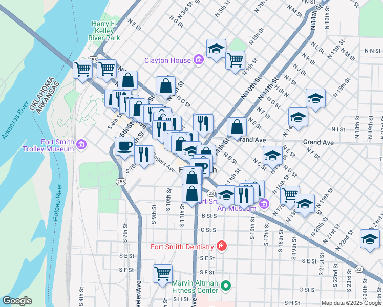 map of restaurants, bars, coffee shops, grocery stores, and more near 9 North 10th Street in Fort Smith