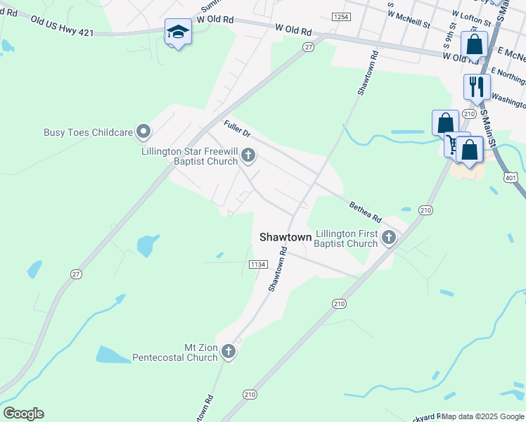 map of restaurants, bars, coffee shops, grocery stores, and more near 318 Bailey Way Road in Lillington