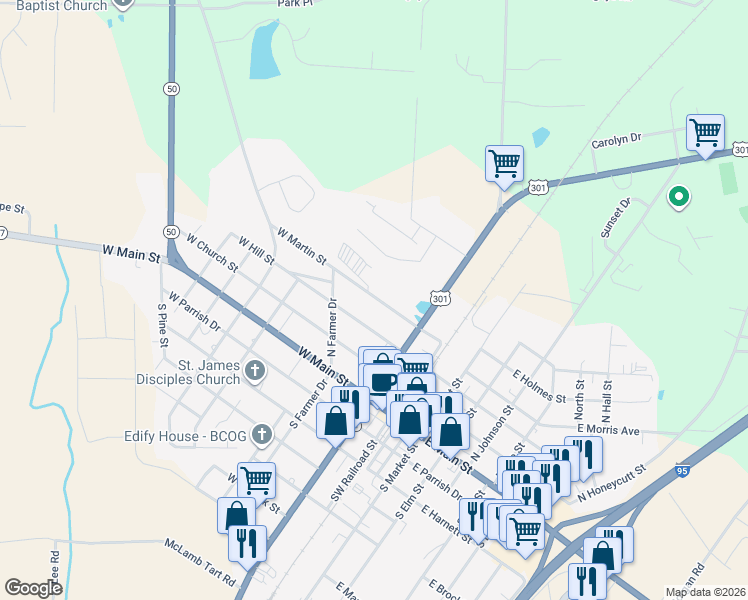 map of restaurants, bars, coffee shops, grocery stores, and more near 214 West Hill Street in Benson