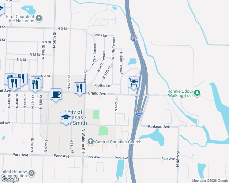 map of restaurants, bars, coffee shops, grocery stores, and more near 5702 Grand Avenue in Fort Smith