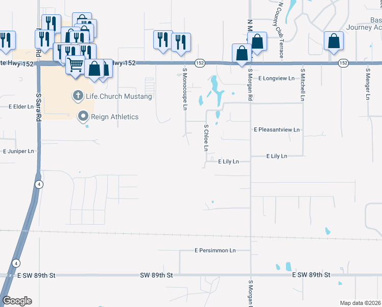 map of restaurants, bars, coffee shops, grocery stores, and more near 1500 East Lily Lane in Mustang
