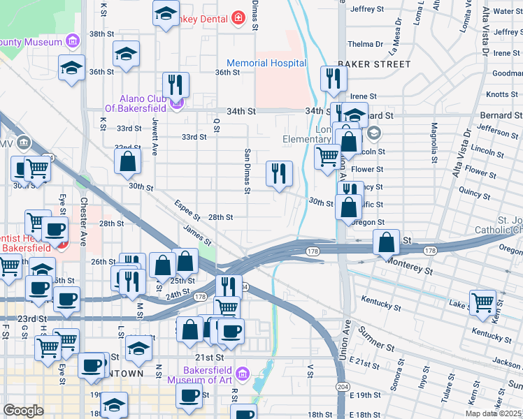 map of restaurants, bars, coffee shops, grocery stores, and more near 531 28th Street in Bakersfield