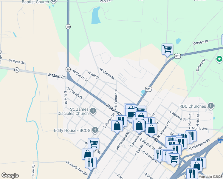 map of restaurants, bars, coffee shops, grocery stores, and more near in Benson