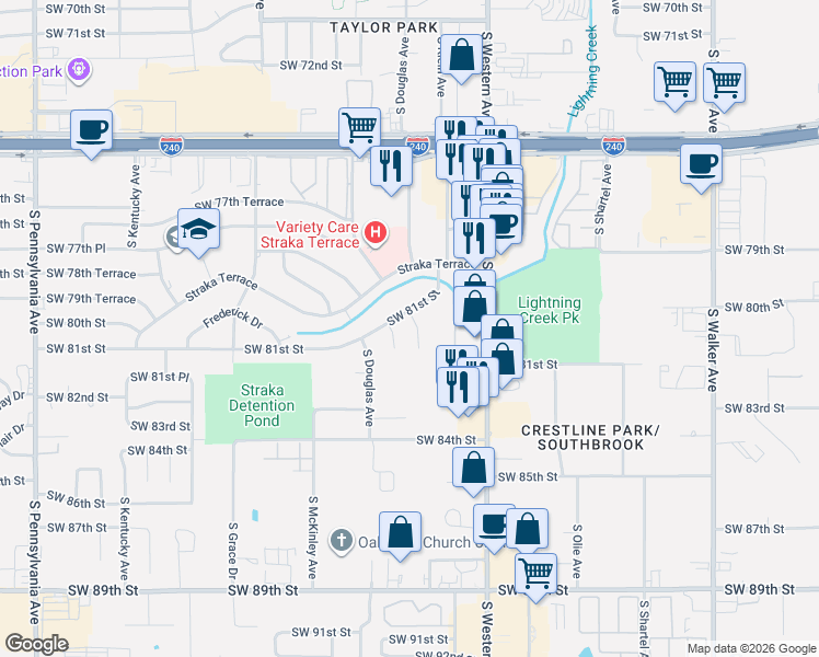 map of restaurants, bars, coffee shops, grocery stores, and more near 8229 South Klein Avenue in Oklahoma City