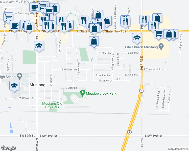 map of restaurants, bars, coffee shops, grocery stores, and more near 516 East Juniper Lane in Mustang