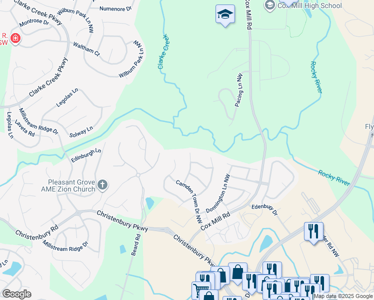 map of restaurants, bars, coffee shops, grocery stores, and more near 2409 Maple Grove Lane Northwest in Concord