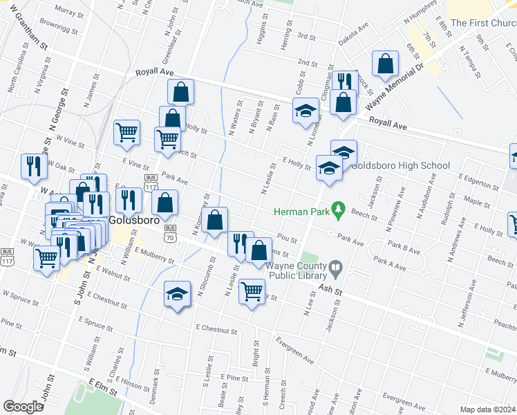 map of restaurants, bars, coffee shops, grocery stores, and more near 601 North Leslie Street in Goldsboro