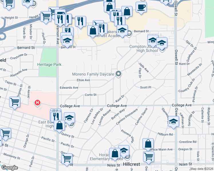 map of restaurants, bars, coffee shops, grocery stores, and more near 2608 Corto Street in Bakersfield
