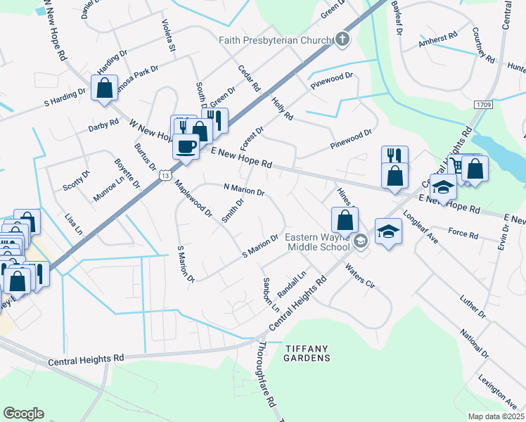 map of restaurants, bars, coffee shops, grocery stores, and more near 109 Powers Court in Goldsboro